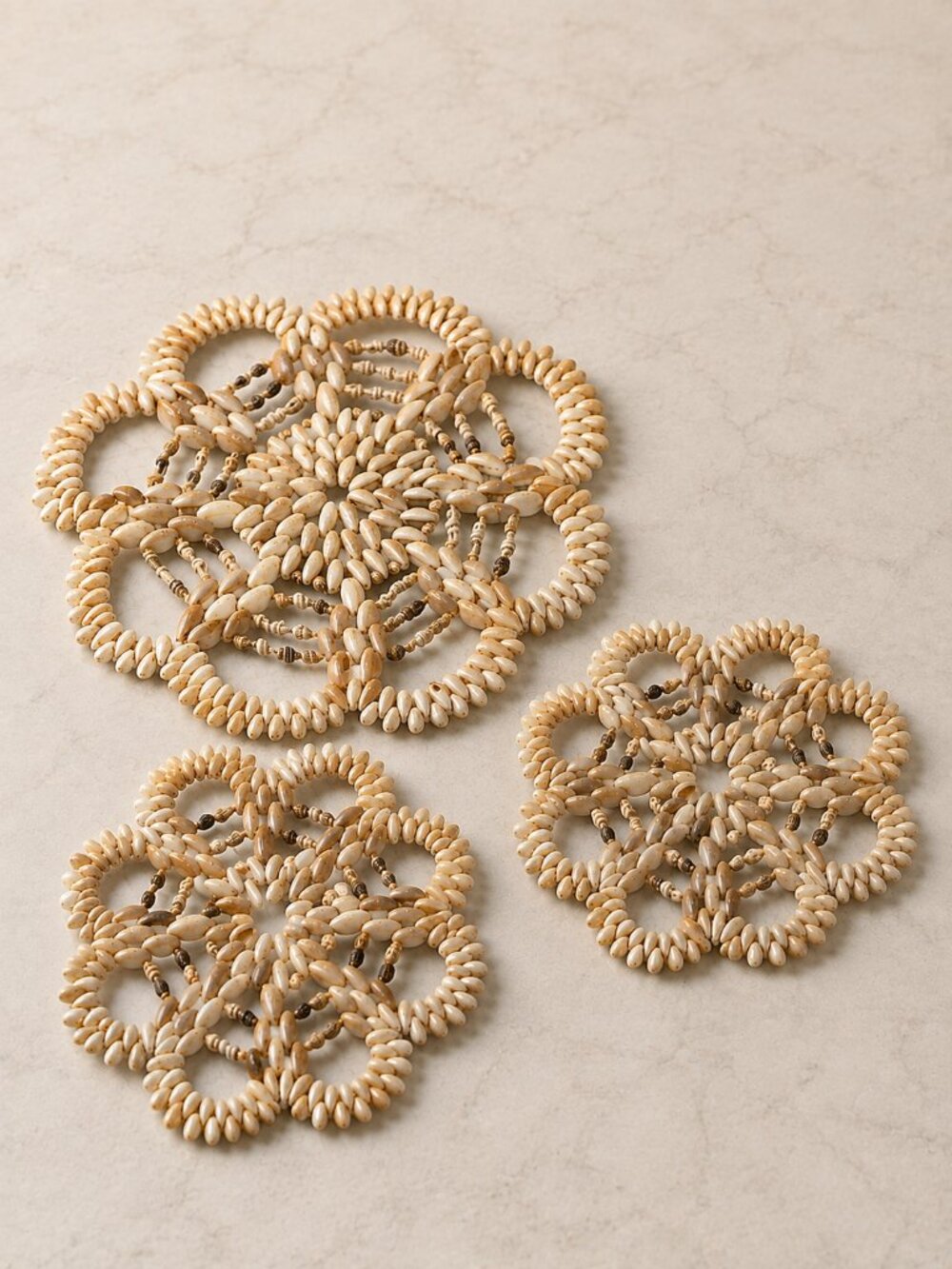 Vintage Cowrie Shell Trivet Hot Pad Boho Coastal Decor Set of 3